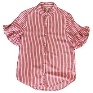 BeachLunchLounge Salmon/Pink Striped Button Down Collared Flared Sleeve Shirt XS